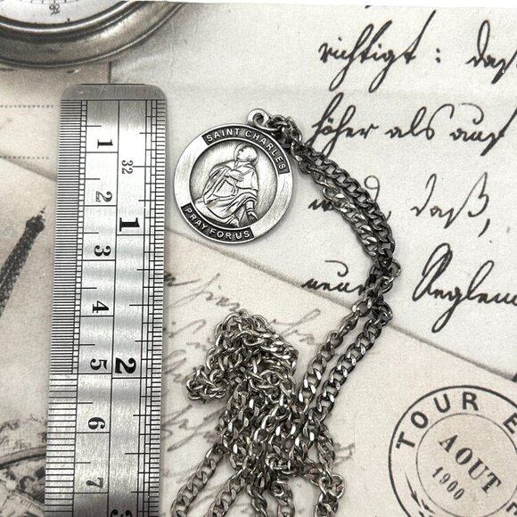 Vintage Silver Tone Saint Charles Borromeo Catholic Religious Medal Necklace - Picture 9 of 10